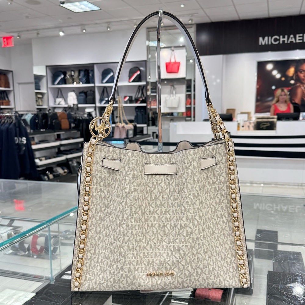 Michael Kors Mina Large Signature Logo Chain Shoulder Bag MK Light Cream
